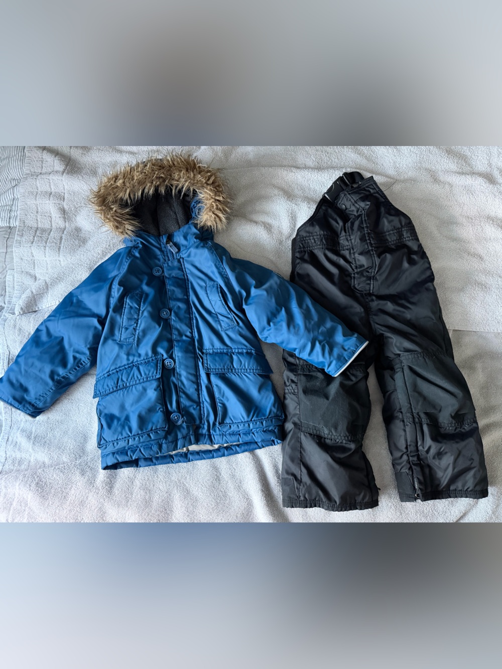 GAP Blue Coat with Faux-Fur Hood and Black Snow Pants
